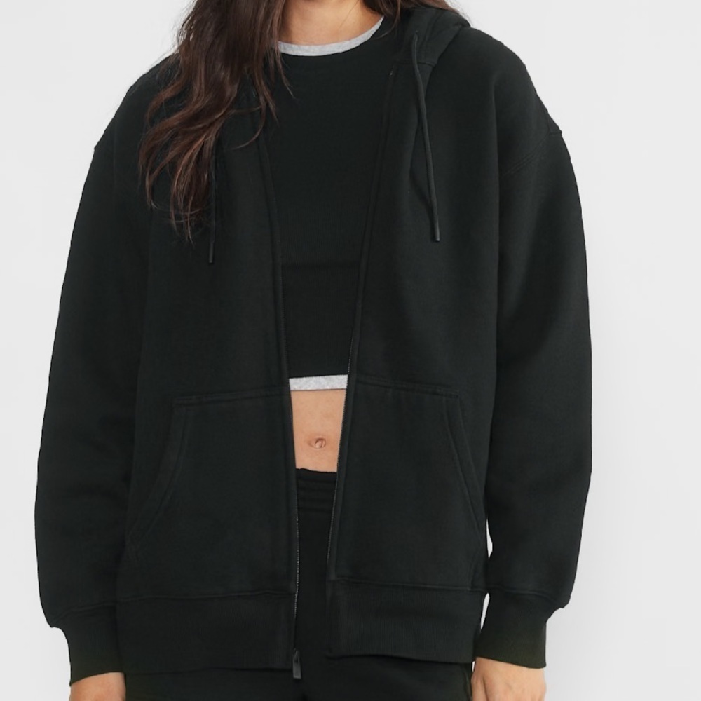 Aritzia TNA Fleece Zip Hoodie M – Black Full Zip Sweatshirt Boyfriend